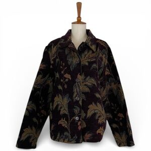 Vintage 90s Knit Jacket Women’s L Leaf Print Button Down Long Sleeve‎